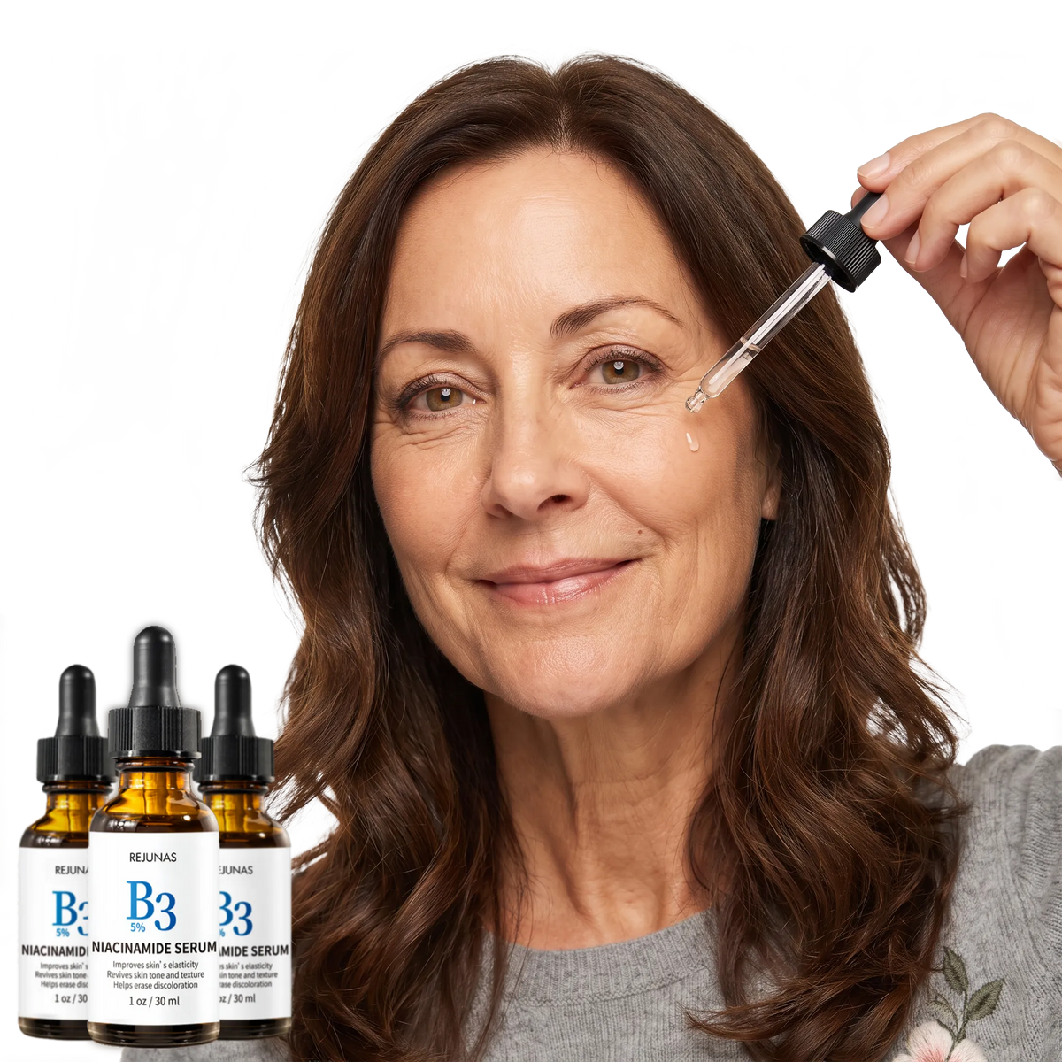Customer applying Rejunas serum with product bottles