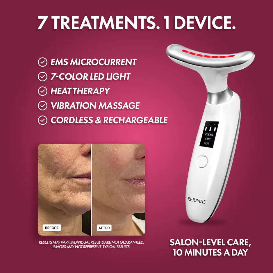 White Rejunas EMS beauty device with a digital display and red LED light bar, shown on a dark magenta background with marketing text and a before-and-after skin result inset.