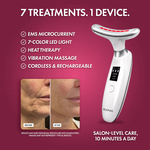 White Rejunas EMS beauty device with a digital display and red LED light bar, shown on a dark magenta background with marketing text and a before-and-after skin result inset.