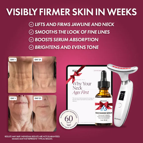 Promotional graphic for a neck and jawline lifting serum set. The top text reads 'VISIBLY FIRMER SKIN IN WEEKS' with bullet points about lifting the jawline and neck, smoothing fine lines, boosting serum absorption, and brightening tone.