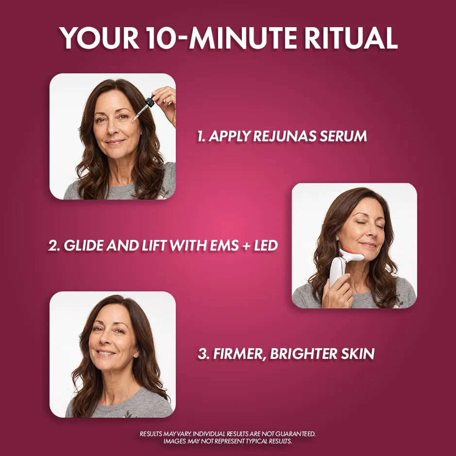 Promotional graphic for a skincare device titled 'YOUR 10-MINUTE RITUAL' on a magenta background, showing three panels with a woman using the device and text steps: apply Rejunas serum, glide and lift with EMS + LED, and firmer brighter skin.